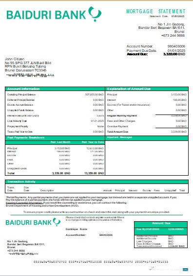 Download Brunei Baiduri bank mortgage statement scr Photoshop template